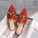 Shoes Mules For Women 2024 Ladies' Slippers Rivet Cover Toe Butterfly-Knot Low Square heel Loafers Flock New Pointed