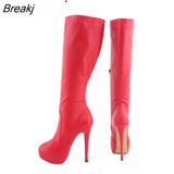 Womens Matte Leather Pointed Toe High Heels Autumn Winter Mid Calf Knee Wide Leg Stretch