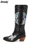 Big Size 34-43 Women Knee High Boots Cowboy Autumn Thick High Heels Pointed Toe Retro Butterfly Long Boots Shoes