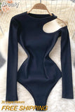 Hollow Out One Shoulder Long Sleeve Bodysuit for Women Solid O-neck Slim Fit Body Top Casual Spring Autumn Bodycon