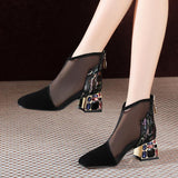 NEW Mesh Sandals Boots Women Mesh Ankle Boot for Summer Mid Heel Rhinestone Ponited Toe Shoes Hollow Out Back Zip