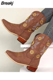 Cowboy ethnic Women Boots Coarse High Heel Embroidered Sunflower Boot Ladies Toe Knee Shoes