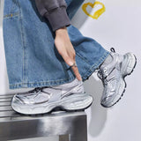 Summer Sneakers New Korean Mesh Breathable Platform Dad Shoes Women's Student Casual Thick Sole Silver Sport Running