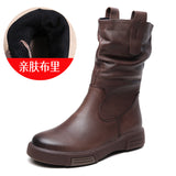 Breakj Layer Kraft Mid-Sleet Boots Women Autumn And Winter New Flat Bottom Comfortable Side Zipper Martin Boots Retro Style Horse