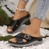 Breakj New Flat Bottom Leisure Slippers Cross Belt Buckle Solid Color Beach