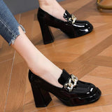 New Square Heels Chain Pumps Women Fashion Slip on Patent Leather Chunky Platform Shoes Spring Mary Janes Female High