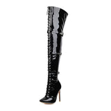 Women Sexy Cross Tied Thigh High Boots Pointed Toe Thin High Heels Over The Knee Boots Patent Leather Shoes Woman