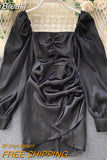 Pink Satin Dress Puff Sleeve Square Collar Ruched Mini Dress Solid Sexy Streetwear Outfits Ladies Club Party