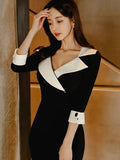 Fashion Elegant Office Lady Women Dress Sexy Retro Casual Turn-Down Collar Black Formal Slim Midi Party Pencil Femme