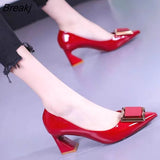 Buckle Fashion OL Office Shoes 2023 Trend Women's Concise Patent Leather Shallow High Heels Shoes Pointed Toe Women