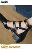 Women Shoes Summer Chunky Heel Sandals Pointed Toe Buckle Strap High Shoes Casual Black Fashion Ladies Hollow Ankle
