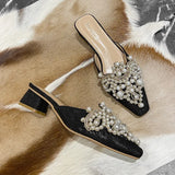 Half Slippers Women Shoe Autumn Rhinestone Chunky Mid Heel Slipper Sandals Fashion Muller Casual Versatile Single