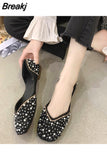 Crystal Pearl Studs Ballet Shoes Women Square Toe Slip on Loafers Cozy Shallow Cut-out Ballerina Flats Moccasins