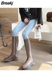 Platform Knee High Boots Slip-on Block Heel Footwear Women Thick High Heels PU Leather Shoes Fashion Spring Female