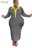 Women Turndown Collar Button Stripe Print Dresses Casual Long Sleeve Bodycon Mid Dress Fall Female Slim Vestidos