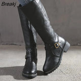 PU Leather Women Long High Boots Riding Casual Belt Buckle Zipper Autumn Platform Winter Low-heeled Black Brown Retro