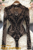 New Floral Print Bodysuit for Women Fashion Streetwear Elegant Stand Collar Long Sleeve Tight Fit Mesh Body Top Chic