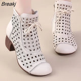 2023 Summer Ankle Boots Genuine Leather Shoes Women Mid Heels Sandals Side Zip Boots Cutout Breathable Mujer