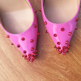 Women Patent Pink Pointy Toe High Heel Shoes with Spikes Sexy Ladies Rivets Party Stiletto Pumps Big Size 43 44