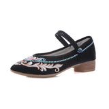 Breakj Grain Sole, Pointed Shoes Single Square Heel Fashionable Low Heel Embroidered Cloth Shoes, Retro Plate Buckle Embroidered Cloth Shoes Women's