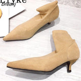 Spring Autumn Casual Cozy Black Stretch Fabric Ankle Sock Boots Women Pointed Toe Low Thin Heels Slip On