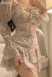 Summer Sweet 2 Piece Dress Set Woman Korean Fashion Suit Beach Floral Y2k Mini Skirt + Casual Lace Crop Tops Elegant