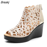 2023 Summer New Fish Mouth Hollow Rhinestone Shoes Wedge Sandals High Heel Sandals Fashion Elegant Women