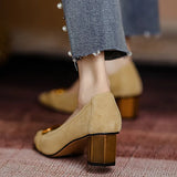 Women Spring Pumps Fasion French Retro Square Toe Brushed Metal Thick Medium Heels Boat Female Slip-on Professional Shoes