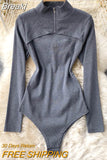 Women Knitted Bodysuits Autumn Sexy Club Outfits Zip-up Stand Collar Long Sleeve Hollow Out Slim Body Tops