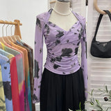 Explosion Tie-Dye-Print Long Sleeve Bottom Sexy Hottie V-Neck T-Shirt Folded Slimming Mesh Yarn Top