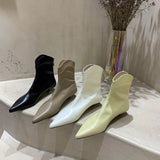 Pointed Toe Women's Leather Boots Sexy Stilettos High Heels Solid Color Low Heel Ankle Boots Zipper Short Bota