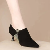 Woman Spring Autumn Rhinestone Shoes Fashion Women Pumps Pointed Toe Side Zip Black Suede Boots 2023 Flock Mid Heels