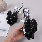 New Fashion Crystal Bow High Heels Slippers Shoes Woman Sexy PVC Transparent Sandals Women Slides Open Toe Pumps Blue
