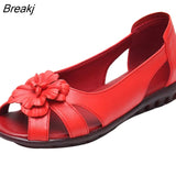Flower Open Toe Summer Sandals Hollow Soft Genuine Leather Women's Shoes Flat Comfortable Fashion Sandals Large