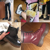 Womens Autumn Winter Ankle Boots Lace Up Flat Heels Fur Cotton Padded Platform Shoes Woman Leather Motorcycle Botas