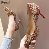 crystal metal snow rivets single shoes red/black women wedding shoes pointed toe thin high heels slip on pumps
