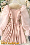 Short Party Dress Women Vintage Square Collar Hollow Out Mesh Puff Sleeve Lace up Slim Waist A Line Mini Club