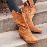 Platform Cowboy Boots Women Shoes Autumn Winter Fur Leather Boots Fashion Round Toe High Heels Boots Zapatos De Mujer