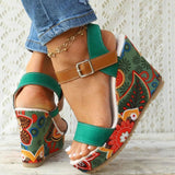 Dropship Platform Wedges Woman Sandals 2023 Summer New Women Floral Pattern Ankle Strap Sandals Fashion Green Wedge