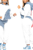 Fall Winter Casual Hoody Two Piece Sets Women Outfits Fashion Denim Splicing Long Sleeve Pullover And Pants