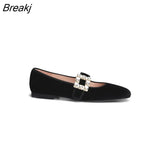 New In Autumn Winter Vintage Velvet Patent Leather Rhinestone Square Buckle Flat Bottom Mary Jane Shoes Women
