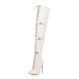 Women Sexy Cross Tied Thigh High Boots Pointed Toe Thin High Heels Over The Knee Boots Patent Leather Shoes Woman
