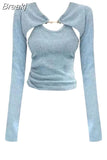 Color Suit Slim Casual Short Vest + Long Sleeve Crop Tops Korean Fashion Knitted Clothing 2 Piece Set Woman 2023