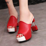 Leather Sole Slippers Women Sexy High Thick Heel 12cm Mules Black Red White Peep Toe Platform PU Sandals Shoes