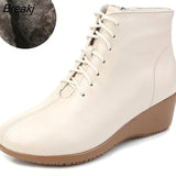 Genuine Leather Women Ankle Boots Plush Warm Lace-up Wedges Comfortable Booties Autumn Winter Shoes Large Size
