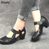 2023 Summer Women's Genuine Leather Hole Mid heel Shoes Slip On Femme Sandals Retro Hollow Zapatillas