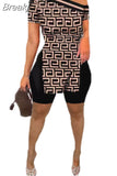 Fashion Printing Side Slit Top Two Piece Sets Women One Shoulder Tops + Shorts Outfits Summer Steetwear 2pcs