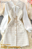 Women Two Piece Set 2023 Korean Fashion Bowtied Collar White Blouse and Spaghetti Strap Single Breasted Mini Tweed Dress