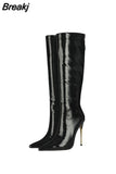 Toe Women's High Boots Sexy Metal Thin Heels Shoes Rose Red Shiny Leather Back Zipper Women's Winter High Boots