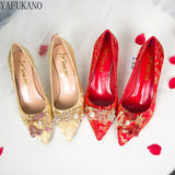 Wedding Shoes Thick Heel Red Rhinestone Buckle Bridal Shoes Party Dress Single Shoes Bridesmaid High Heels Women